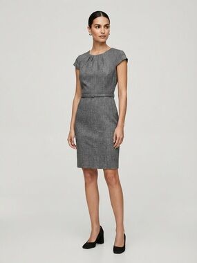 H&M women Grey Plaid Pleated Neck Belted Sheath Career Dress office work Size S